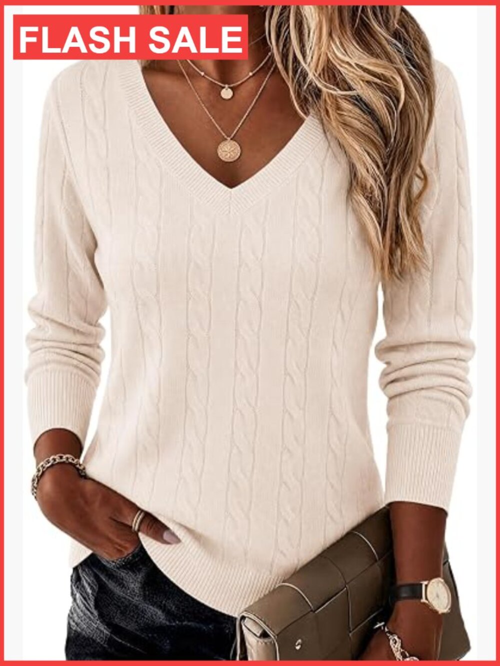 Women's Cable Knit V-Neck Pullover Long Sleeve Sweater Fall Winter